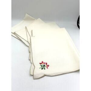 Vintage Napkins Set 5 16” Hand Embroidered Floral Scalloped Linen